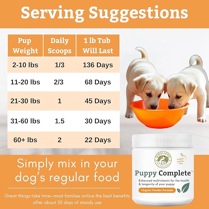 Wholistic Pet Organics Puppy Complete - Dog Multivitamin Powder - Daily Dog Vitamins and Supplements for Homemade Food - Immune System, Skin, Coat & Overall Health - All Breeds of Puppies - 45 Scoops