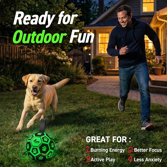 QDAN Glow in The Dark Dog Toys Soccer Ball with Straps - Light Up Dog Balls for Large Dogs, Interactive Dog Toys with Strap for Tug of War,Puppy Birthday Gifts (8 Inch)