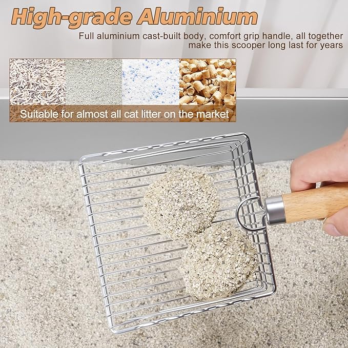 Metal Cat Litter Scoop with Holder, Poop Scooper with Stand&2 Rolls of Garbage Bag, Heavy Duty Stainless Steel Shovel with Wooden, Kitty Quick Sifter for Easy