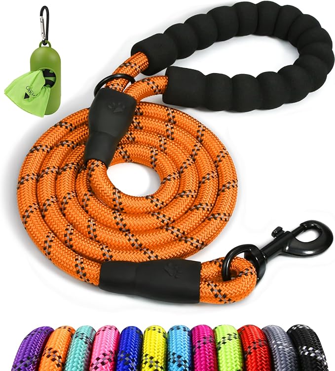 Taglory Rope Dog Leash 6 FT with Comfortable Padded Handle, Highly Reflective Threads Leash and Anti-Tangle Clip for Walking Small Dogs, 3/8 inch, Orange