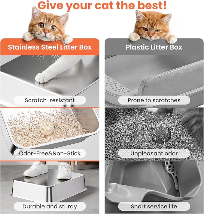 Stainless Steel Cat Litter Box, Metal Kitty Litter Box Includes Litter Mat & Scoop, Easy Cleaning Anti-Scratch Kitty Cat Box Anti-Urine Leakage, Non-Sticky, Perfect for Small Cats, Light Gray