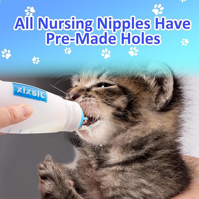 3 Pack Kitten Silicone Bottle Feeding Kit,Nipple & Feeding Kit for Kittens, Reusable Newborn Kitten Supplies, Suitable for Feeding Kitten, Puppy, Rabbit,Hamster (Blue, Small)