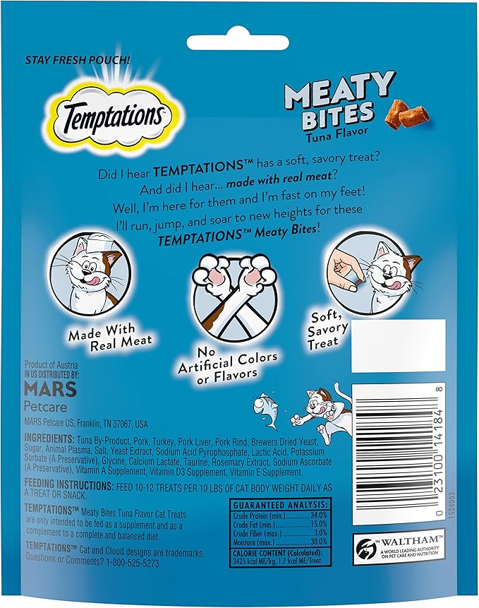 Temptations Meaty Bites, Soft and Savory Cat Treats, Tuna Flavor, 4.12 oz. Pouch (Pack of 2)