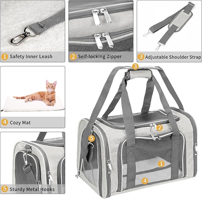 Soft-Sided Cat/Dog/Pet Carrier, Collapsible Pets Travel Carriers for Big Cats/Small Dogs with Shoulder Strap & Removable Mat, Mesh Puppy Carry Bag, Up to 16 Lbs, TSA Airline Approved(Beige)