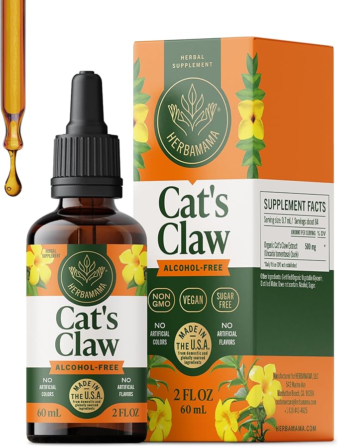 HERBAMAMA Cat's Claw Tincture - Vegan Cat's Claw Extract Supplement for Immune Support - Non-GMO, Alcohol & Sugar-Free Uncaria Tomentosa Drops