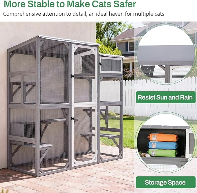 Wooden Outdoor Catio Enclosure for Pets with Scratching Post, Multi-Level Perches & Hideaways, Weatherproof Indoor/Outdoor Cat House with Roof, 5 Platforms & Resting Den, UV-Resistant (Grey)