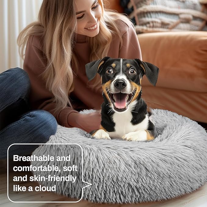 Cat Bed - Calming Cat Bed for Small Kittens Donut Washable Round for Indoor Kittens and Puppies, Anti-Slip Round Fluffy Plush Faux Fur, Medium, Light Grey