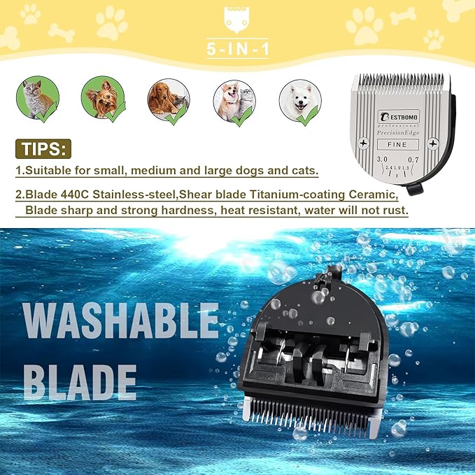 Professional Animal Dog Pet 5-in-1 Adjustable Fine Blade Cut Length 0.7-3mm,Compatible with Wahl Arco,Bravura,Chromado,Creativa,Figura and Motion Clippers(2 PCS)