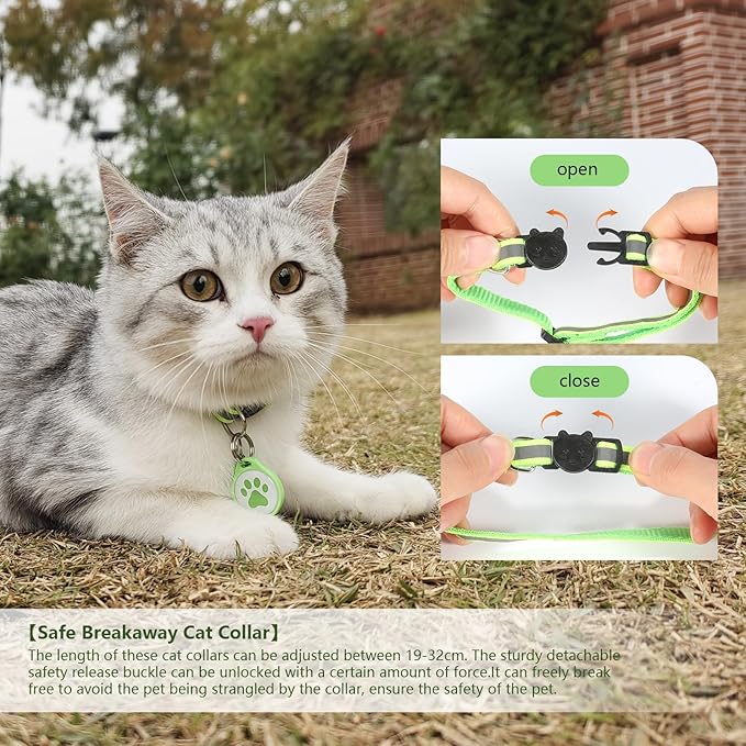 3 Pack/Airtag Cat Collar Breakaway, Reflective Kitten Collar with Apple Air Tag Holder and Bell for Girl Boy Cats, 0.4 Inches in Width and Lightweight+cat tag (3 Collars & AirTag Holder)