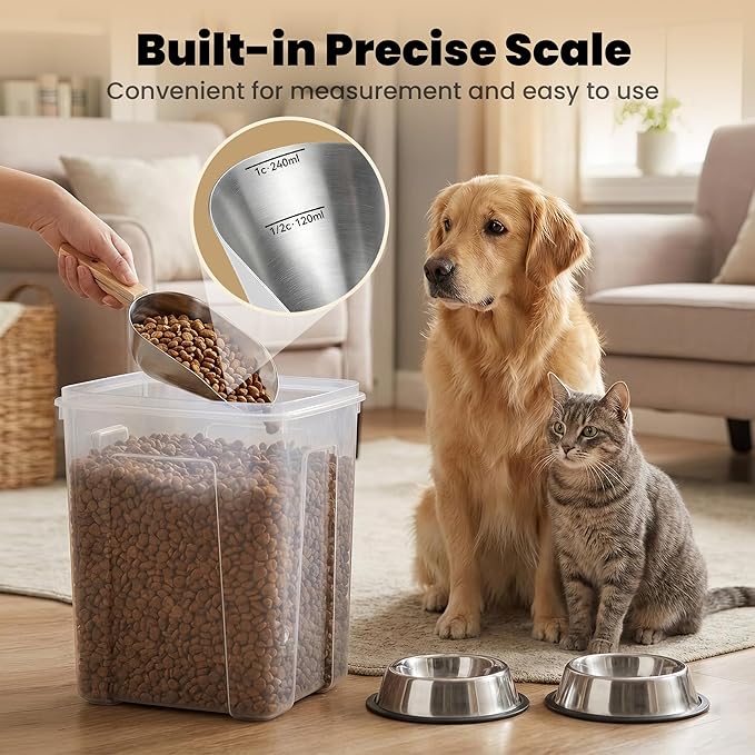 Dog Food Scoop 1 Cup,304 Stainless Steel Cat Food Scoop with Long Wooden Handle,Dog Food Measuring Cup with Precision Scale for Pet Food Rice Flour