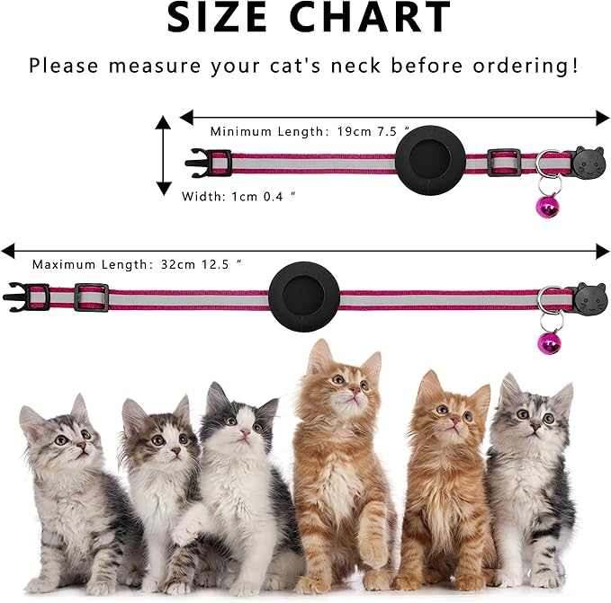 Cat Collar with Air Tag Holder, Reflective Kitten Collar with Bell, Breakaway Airtag Cat Collar for Boys Girls Cats, GPS Tracker for Cats 0.4’’ Width Adjustable Safe Kitty Collar, Rose red
