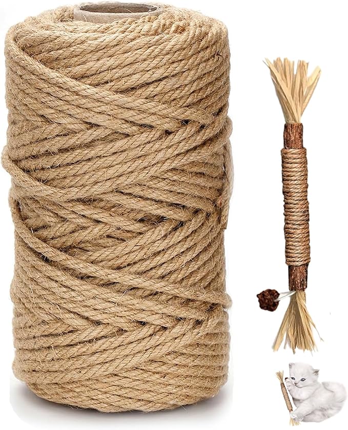 Natural Sisal Rope for Cat Scratcher - 100ft x 1/4" Durable Hemp Rope & Twine Cat Toy with Catnip, Includes Free Silvervine Sticks, Eco-Friendly for Cats & Kittens