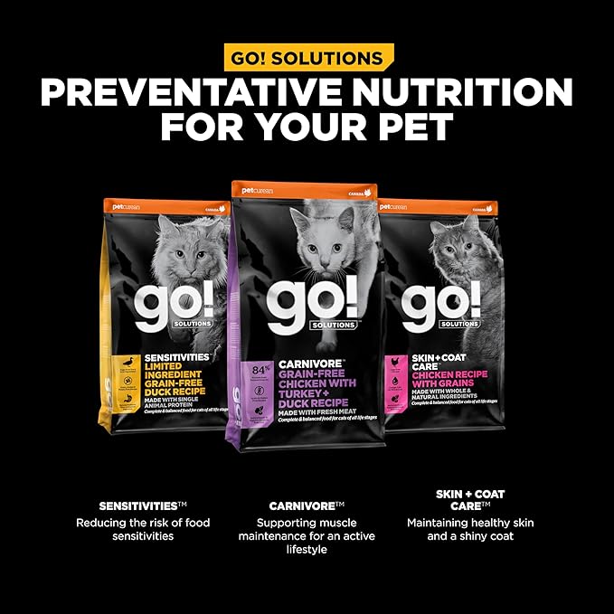 Go! Solutions Carnivore Chicken, Turkey + Duck Grain-Free Dry Cat Food, Our Highest-Protein Kibble Made with Real Meat & Fish, Cranberries for Urinary Health, for Kittens, Adults & Seniors, 3 lb Bag