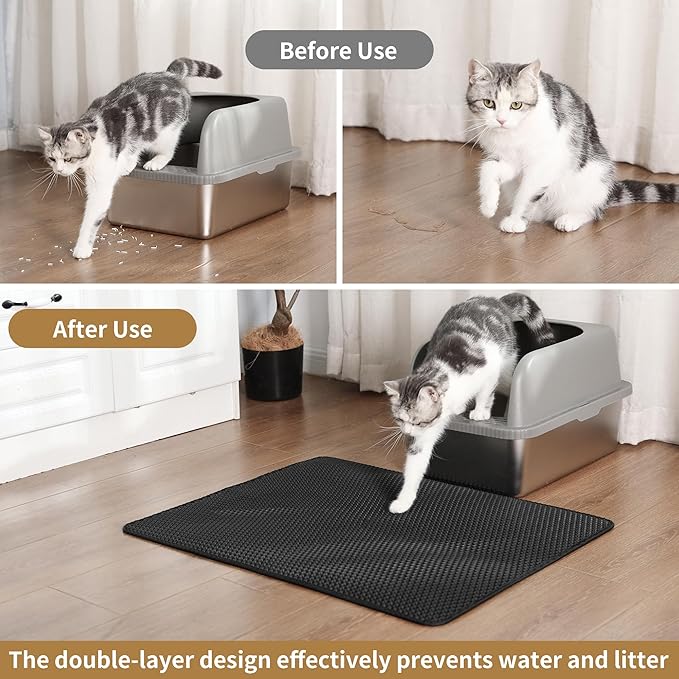 Cat Litter Mat 30x24 Inches, Honeycomb Double Layer Traps Litter & Waterproof Leatherette Bottom Prevents Urine Leaks, Durable & Easy Clean Pet Floor Protector for Cat Litter Box Area（Black）