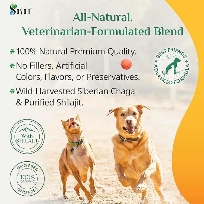 Sayan Chaga + Shilajit Pet Supplement (30 Sachets) – All-Natural Adaptogen Blend for Dogs & Cats – Immune, Joint, Energy & Digestive Support – Herbal Blend – 100% GMO-Free, Vet-Formulated