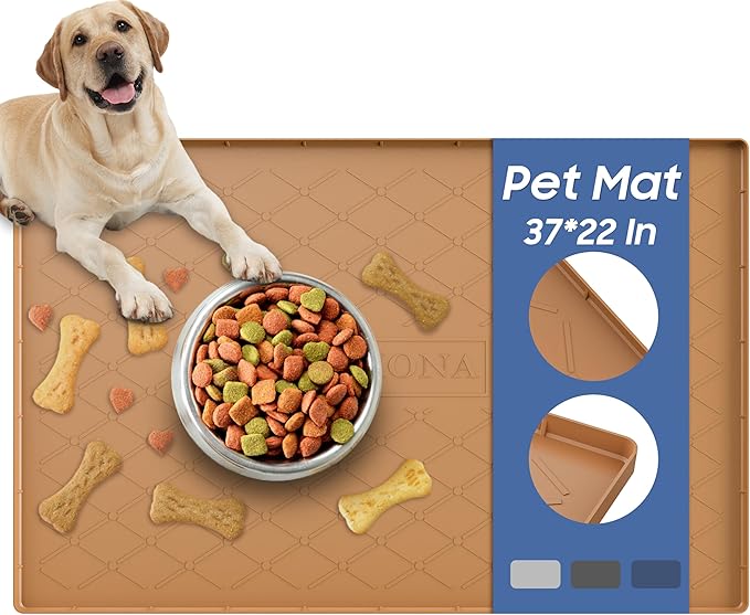 URMONA Large Dog Mat, 37" x 22" Pet Food Mat, Waterproof Cat Mat With Raised Edges, Silicone, Prevents Spills, Protects Floors, Easy to Clean