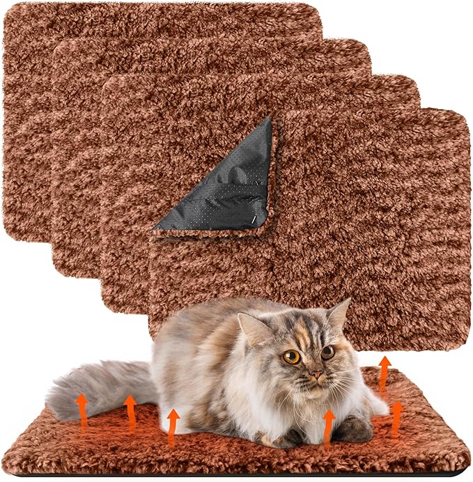4 Pack Self Warming Cat Pads Self Heating Cat Mat Washable Homeless Dogs Thermal Pads Kennel Pad Reflects Body Heat Warm Crate Bed Mat for Indoor Outdoor Pet(Brown,16 x 20 Inch)