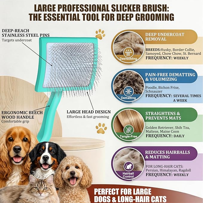 Slicker Brush for Dogs, Large Long Pin Dog Grooming Brush for Doodles Goldendoodles Poodles Labradoodle Bernedoodles, 3 Pcs Wooden Handle for Mats Tangles - Green