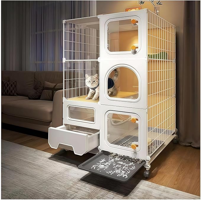 Indoor Cat Cage with Litter Box, Outdoor Cat House with Wheels,cat Enclosure, Complimentary Cat Bed, Bowl, Teaser Wand; Small Animal Dog Cages, Three-Tier cat Kennel(28″(L) x18.2″(W) x46.2″(H))