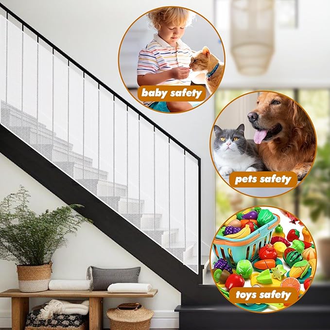 Banister Guard for Baby，6.5X3ft Balcony Safety Net for Kids,Stair Safety Net for Kids,Railing Covers for Stairs,Baby Stair Net Fit for Child, Small Pet, Toy - White