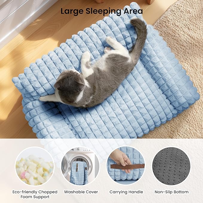 Cute Small Dog Couch Bed – Supportive & Fluffy Pet Sofa with Faux Rabbit Fur Washable Cover in 3D Diamond Pattern, 30" Light Blue