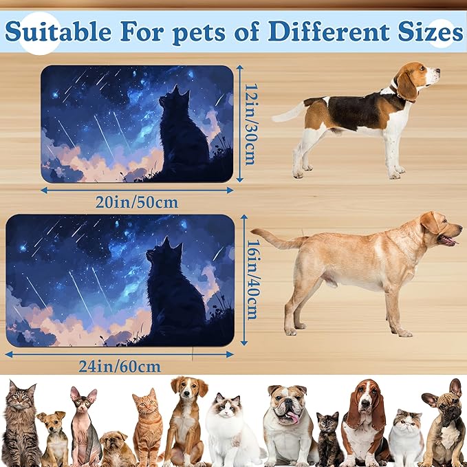 Starry Night Cat Dog Food Mat–Christmas Stocking Absorbent Quick Dry Feeding Placemat for Food and Water Bowls, Non Slip Rubber Backing, Waterproof Pet Supplies for Mess-Free Eating 16"x24"