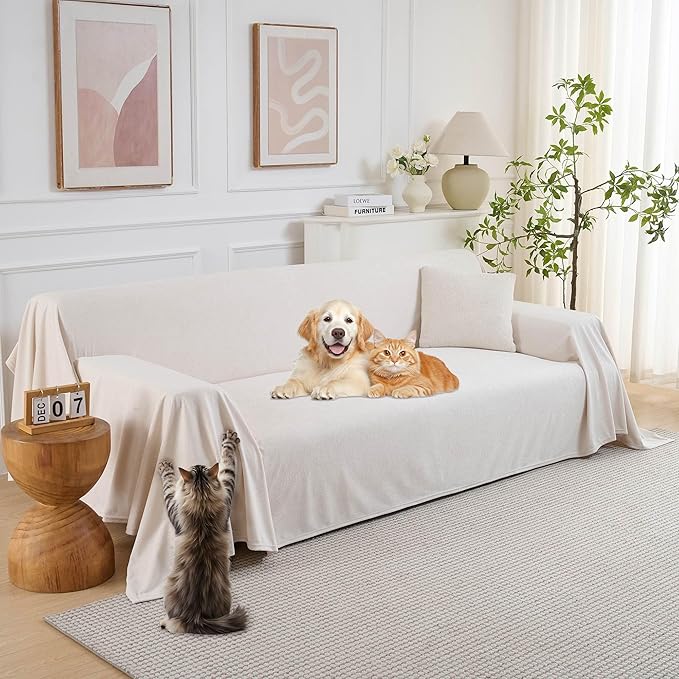 PuTian Couch Cover for Dogs - Waterproof Anti-Scratch Washable Non Slip 2 Cushion Cover Blanket L Shaped Recliner Sectional Arm Chair Sofa Slipcover for Pet Cats Kids, 71''X102'' Creamy White