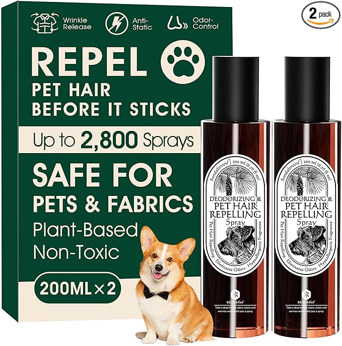4-in-1 Pet Hair Repellent Spray, Pet Hair Dissolver & Odor Neutralize, Plant Based Enzymes, Safe for Pets, Clothes & Furniture, Refresh Pine Nut Scent, 13.52 fl oz, 2 Full Size Pack