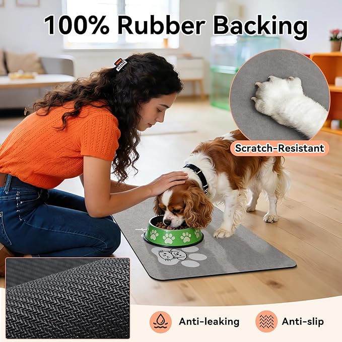 Dog Cat Feeding Mat-Absorbent Pet Bowl Mat for Food and Water, Quick Dry Water Dispenser Mat for Floors with Waterproof Rubber Backing, Puppy Cat Placemat Mats for Messy Drinkers,16"x24",Grey