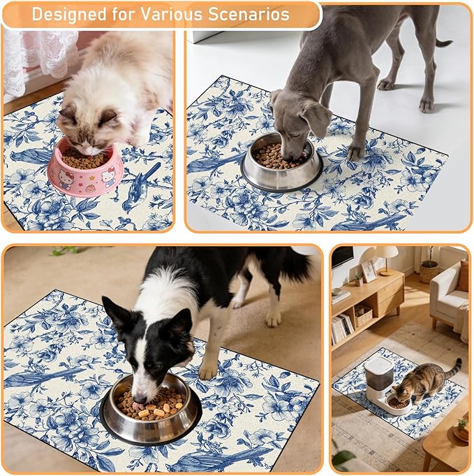 Dog Cat Food Mat - Absorbent Quick Dry Dog Bowl Mats for Food and Water, Anti Slip Cat Feeding Placemat for Floors, Diatomite Pet Dish Matts Accessories Supplies, Floral Bird Style, 12*20in