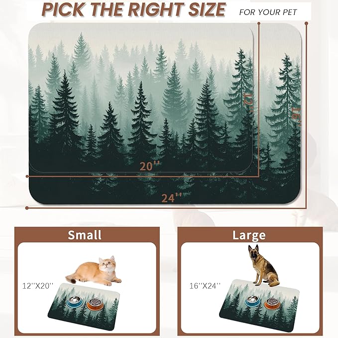 Misty Forest Pet Feeding Mat,Absorbent Quick-Dry Cat Dog Food and Water Bowl Mats,Non-Slip Rubber Backing Mat,Cat Dog Accessories Supplies 12"x20"