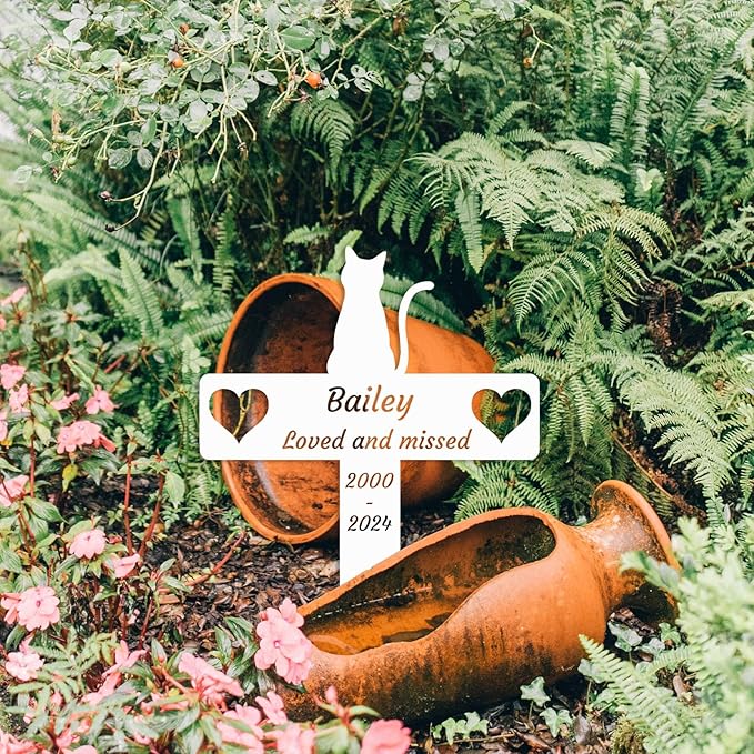Personalized Custom Cat Memorial Garden Stake Grave Marker for Pet, Metal Animal Silhouette Outdoor Cat Remembrance Cross Stake with Hearts
