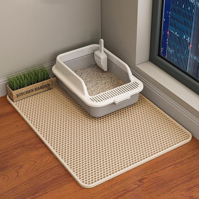 HCY&WLD 2-Pack Cat Litter Mat, Double Layer Honeycomb Waterproof Urine Proof Non-slip Litter Trapping Mat, Less Waste, Easy to Clean Cat Litter Box Mat, Kitty Indoor Supplies (Khaki, 30x22 Inches)
