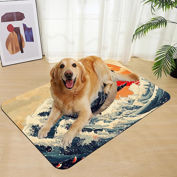 Wave Cat Dog Food Mat,Christmas Stocking Ukiyo-e Whale Absorbent Quick Dry Feeding Placemat for Food and Water Bowls, Non Slip Rubber Backing, Waterproof Pet Supplies for Mess-Free Eating 16"x24"