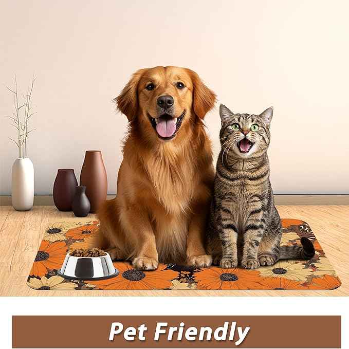 Black Cat Dog Food Mat for Floors,Fall Flower Daisy Absorbent Pet Food and Water Bowl Mats,Non-Slip Pet Feeding Mat,Pet Supplies 16" x 24"