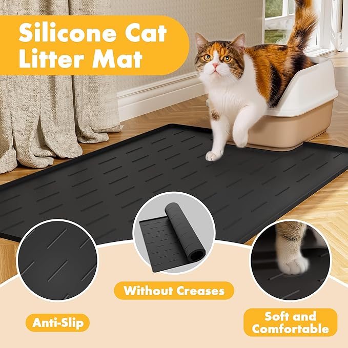 Pieviev Silicone Cat Litter Trapping Mat, 34''x22'' Large Cat Litter Mat, Easy to Clean & Soft on Kitty Paws, Waterproof Kitty Litter Pads for Indoor Cats, Black