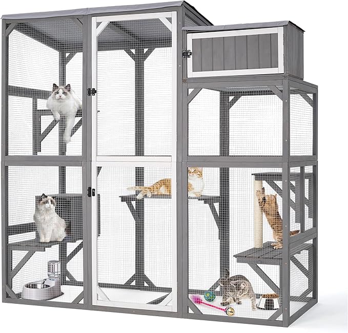 Wooden Outdoor Catio Enclosure for Pets with Scratching Post, Multi-Level Perches & Hideaways, Weatherproof Indoor/Outdoor Cat House with Roof, 5 Platforms & Resting Den, UV-Resistant (Grey)