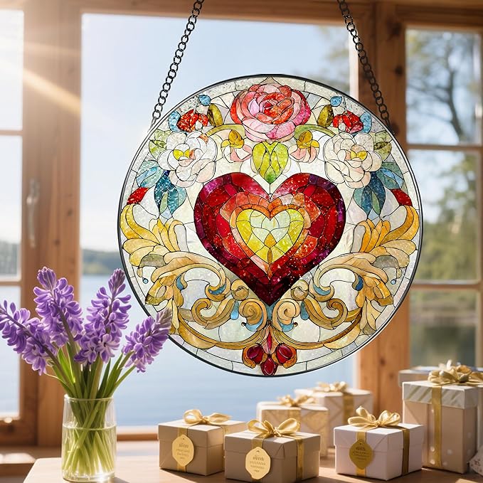 Stained Glass Window Hanging, 8 in Valentine Heart Sun Catcher, Stained Glass Suncatcher, Gift for Wife, Gift for Girlfriend, Mother's Day, Christmas, Birthday, Valentine's Day Gifts for Couple, Her