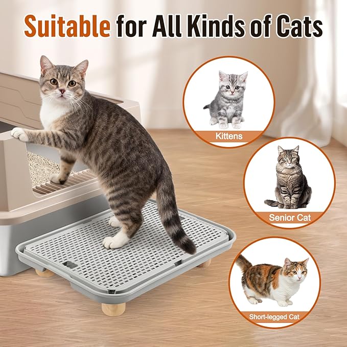 Litter Box Step, Cat Ramp/Step/Catcher with Wooden Base, Filter Function, Easy to Clean, Filter Pedal Ideal for Kitten & Elderly Cats (Light Grey)