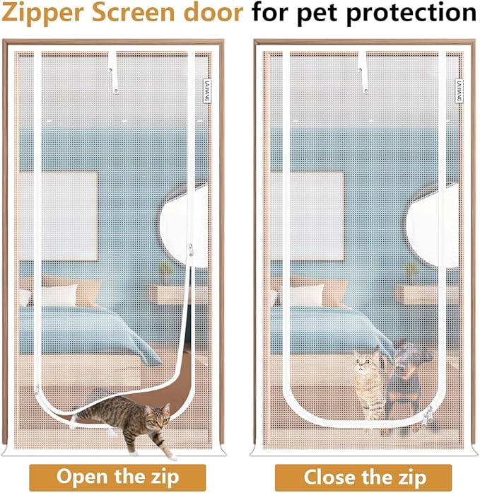Cat Screen Door 44x87'' Reinforced Cats Resistant Mesh Screen Door with Zipper Closure, Pets Scratch Proof Screen for Living Room, Bedroom, Patio, Fits Openings 42x85''