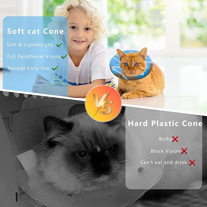 Seyezo Cat Cone Collar Soft, Adjustable Cat Recovery Collar Kitten Cones to Stop Licking, Cute Donut E Collar After Surgery, Cats Neck Pillow Elizabethan Cones of Shame (Waterproof Blue, Large)