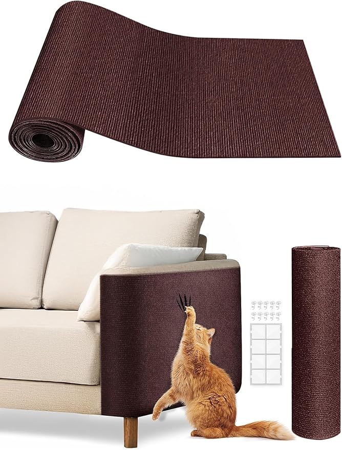 Cat Scratch Mat Furniture Protector, Eco-Friendly DIY Trimmable Self-Adhesive Cat Scratching Pad, Couch Wall Sofa Guard, Reusable Claw Scratching Protector 39.4"x15.8" (Brown)