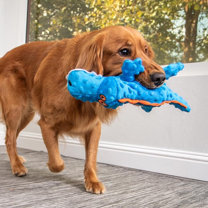 goDog Gators Squeaky Plush Dog Toy with Chew Guard Technology, Durable Fabric & Squeaker for Active Play, Blue, Large