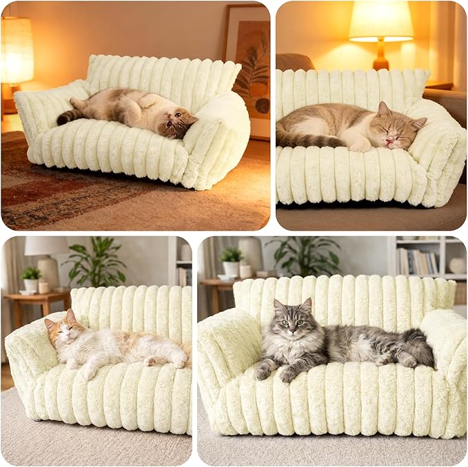 Pesonlook Cute Cat Couch for Pets - Fluffy Cat beds with Premium Soft Corduroy Fleece, Cozy Pet Sofa with Removable Washable Cover & Non-Slip Bottom, for Indoor Cats and Small Dogs, 30 Inch, Cream