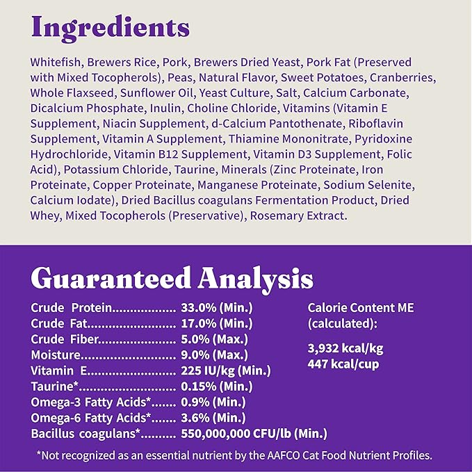 Halo Holistic Cat Food Wild Caught Whitefish Formula, Healthy Grains Dry Cat Food, For Sensitive Stomach Support, Kibble for Adult Cats, 3 lb Bag