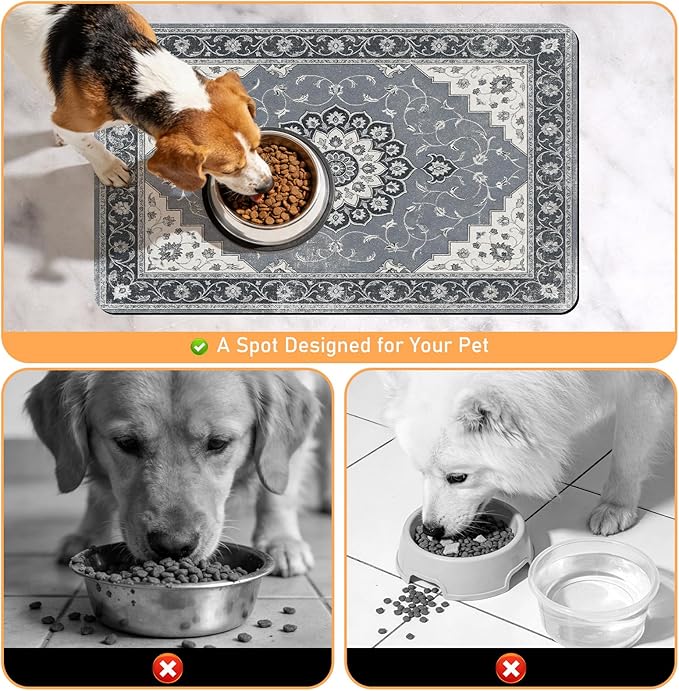 Dog Food Feeding Mat - Absorbent Diatomite Pet Dog Cat Bowl Mats for Food and Water, Anti Slip Dog Bowl Placemat for Floors, Quick Dry Pet Dish Matts Supplies, Bohemia Style, 12 * 20in