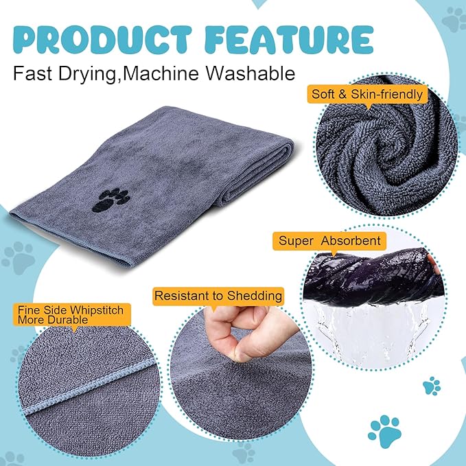 Microfiber Dog Towels for Drying Dogs,40'' X 23.6'', Super Absorbent and Soft Pet Grooming Towel, Perfect Shower & Bath Supplies for Dogs(6-Pack Grey)