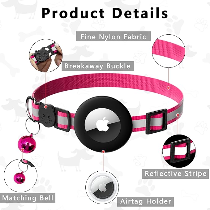 Cat Collar with Air Tag Holder, Reflective Kitten Collar with Bell, Breakaway Airtag Cat Collar for Boys Girls Cats, GPS Tracker for Cats 0.4’’ Width Adjustable Safe Kitty Collar, Rose red