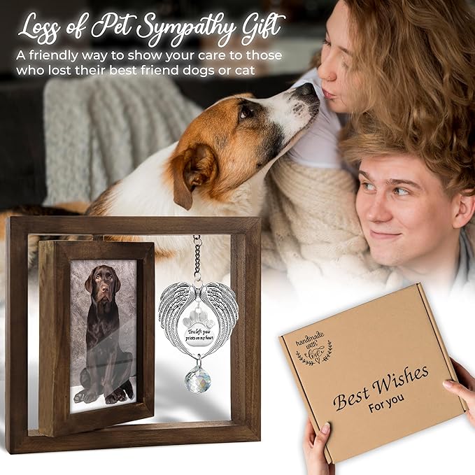 Pet Memorial Rotating Wooden Picture Frame with 4x6 Photo, Dog Cat Angel Wings Sympathy Ornament Crystal Rainbow You Left Pawprints on My Heart, Dog Bereavement Remembrance Gifts In Loving Frame PR-4R