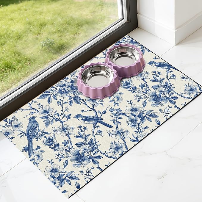 Dog Cat Food Mat - Absorbent Quick Dry Dog Bowl Mats for Food and Water, Anti Slip Cat Feeding Placemat for Floors, Diatomite Pet Dish Matts Accessories Supplies, Floral Bird Style, 17*30in